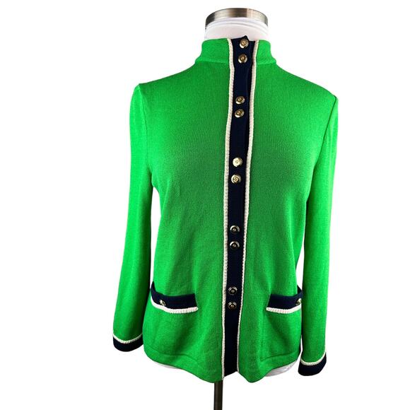 *Flawed St. John Collection Santana Knit Green Cardigan Sweater Gold Blk Size 10 - Picture 10 of 15